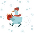 Vector illustration of a cute skating goose in a red hat and scarf carrying a gift.